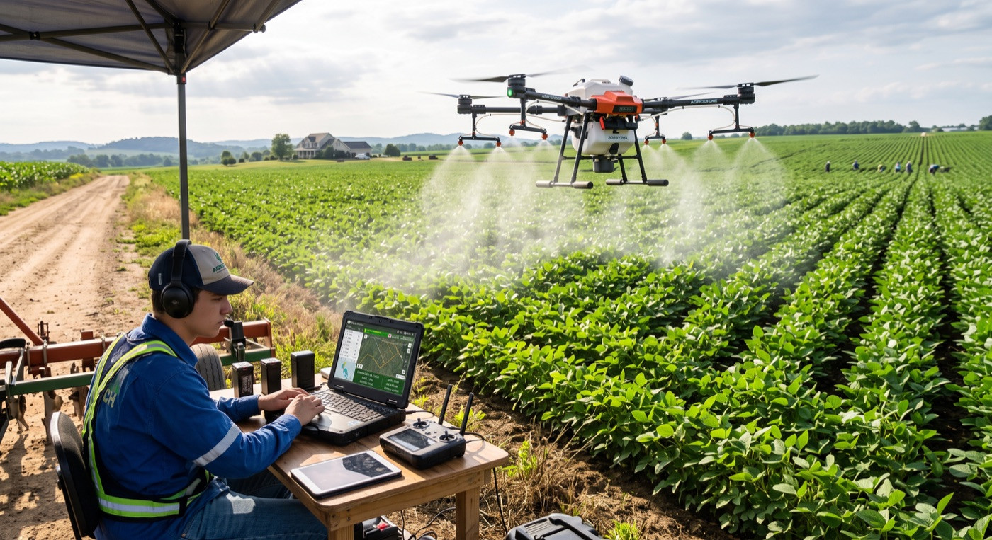Dron agrícola operando sobre un cultivo con una persona controlándolo desde un computador