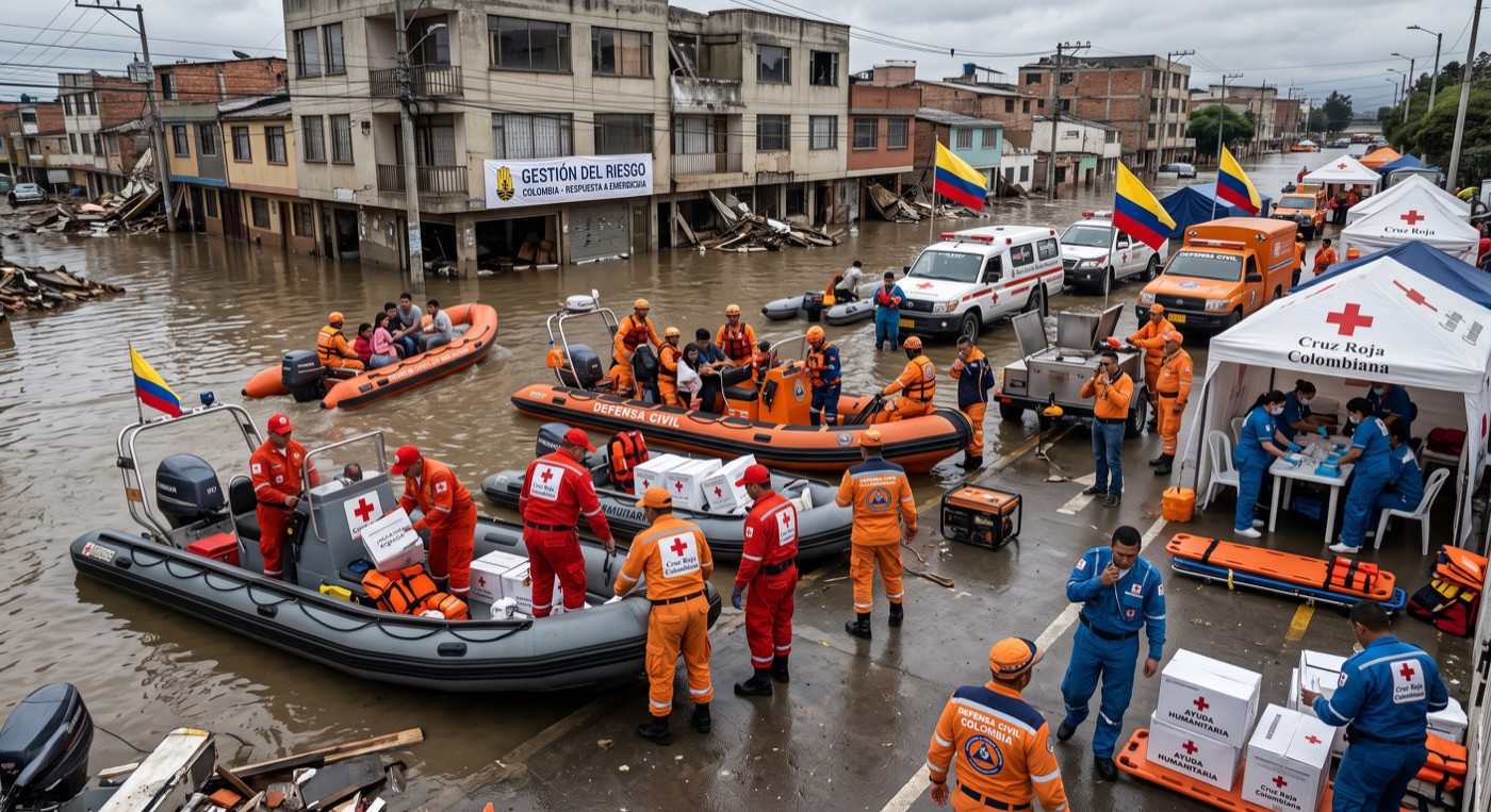 Equipos de Defensa Civil y Cruz Roja Colombiana coordinando la respuesta ante una emergencia